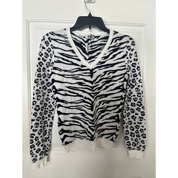 Moschino Sweater Small White/Black Cheap and Chic Zebra Print V-Neck Pullover - Picture 2 of 6